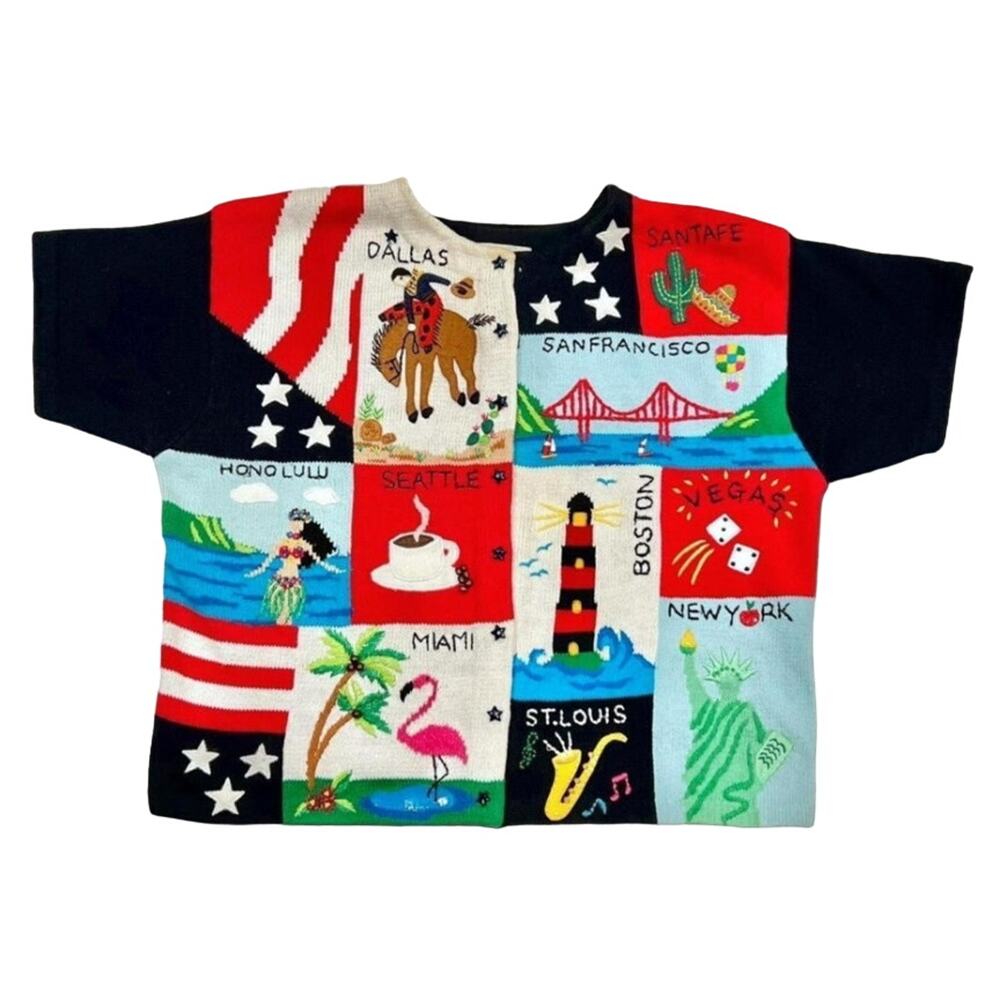 ★ Marisa Christina ‘See The USA Cities’ Patchwork Multicolor Cardigan Sweater ★